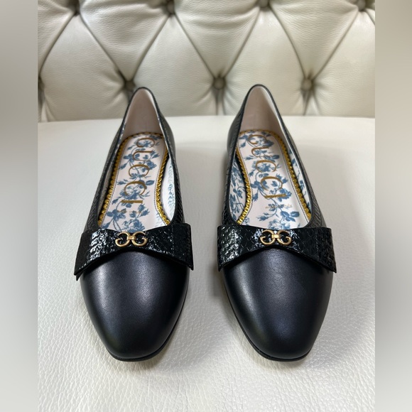 New in Box Gucci Black Leather Shoes Flats Ballerina 38 Python Bows - Picture 3 of 7